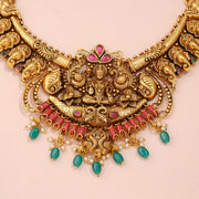 Antique Lakshmi Temple Choker with Elephant Motifs and Green Bead Drops