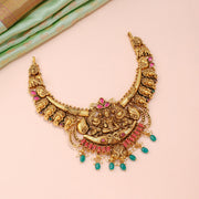 Antique Lakshmi Temple Choker with Elephant Motifs and Green Bead Drops
