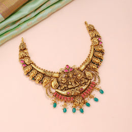 Antique Lakshmi Temple Choker with Elephant Motifs and Green Bead Drops