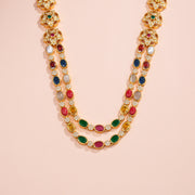 Silver Floral Haaram with Multicolour Stones