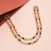 Silver Stepped Haaram with Coloured Kundans and Floral Detail