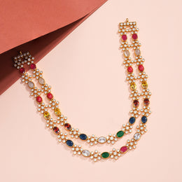 Silver Stepped Haaram with Coloured Kundans and Floral Detail