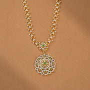 Simple Silver Necklace with Floral Pendant and Green Stones