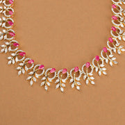 Silver Leaf Design Necklace with Pink Stone Highlights