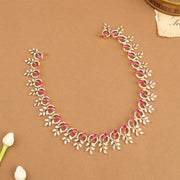 Silver Leaf Design Necklace with Pink Stone Highlights