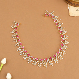 Silver Leaf Design Necklace with Pink Stone Highlights