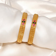 Ornate Silver Bangles with Embedded Red & Green Stones in Floral Design