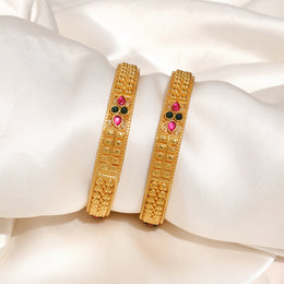 Ornate Silver Bangles with Embedded Red & Green Stones in Floral Design
