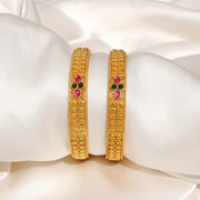 Ornate Silver Bangles with Embedded Red & Green Stones in Floral Design