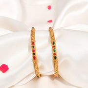 Traditional Temple Finish Silver Bangles with Multi-Colour Stones