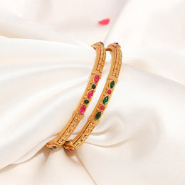Traditional Temple Finish Silver Bangles with Multi-Colour Stones