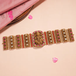 Silver Broad Choker with Lakshmi Devi Design and Stones