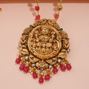 Silver Lakshmi Devi Pendant in Temple Finish with Red Stone Drops