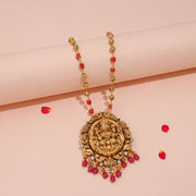 Silver Lakshmi Devi Pendant in Temple Finish with Red Stone Drops