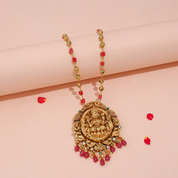 Silver Lakshmi Devi Pendant in Temple Finish with Red Stone Drops
