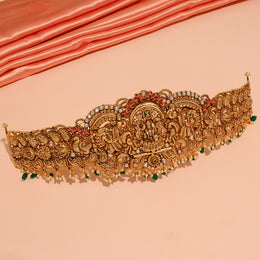 Temple Finish Silver Lakshmi Vaddanam with Corals & Pearl Highlights