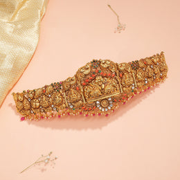 Peacock and Lakshmi Devi Silver Vaddanam with Multistones