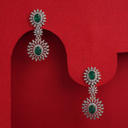 Silver and CZ Floral Earrings with Green Stone Highlights