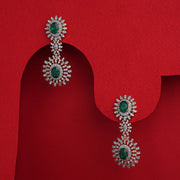 Silver and CZ Floral Earrings with Green Stone Highlights