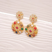 Silver Floral Earrings with Navratna Stones