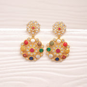 Silver Floral Earrings with Navratna Stones