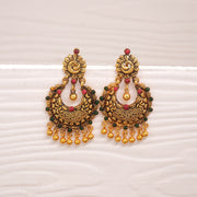 Antique Silver Chandbali with Emerlad Potas and Peacock Stud