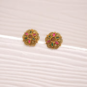 Antique Silver Floral Studs with Coloured Kundans