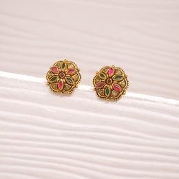 Antique Silver Floral Studs with Coloured Kundans