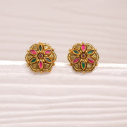 Antique Silver Floral Studs with Coloured Kundans