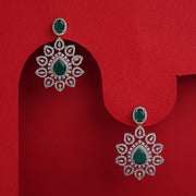 Silver Floral Earrings with CZs and Green Stone Highlight