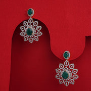 Silver Floral Earrings with CZs and Green Stone Highlight