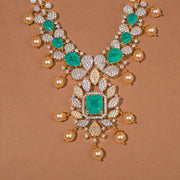 Elegant CZ and Green Moissanite Stone Silver Necklace with Pearls