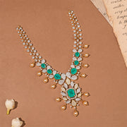 Elegant CZ and Green Moissanite Stone Silver Necklace with Pearls