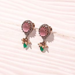 Silver Earrings with Moissanite Stone Stud and Stone Bead Hanging