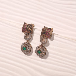 Bold Antique Silver Elephant Earrings with CZs and Moissanite Stones