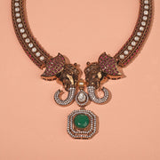 Bold Antique Silver Elephant Necklace with Kundans and CZs