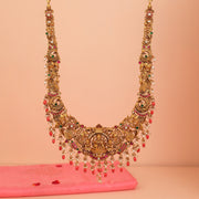 Traditional Silver Long Haaram with Lakshmi Devi, Peacock, and Elephant Detailing