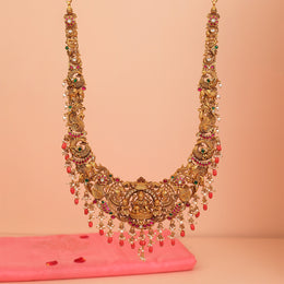 Traditional Silver Long Haaram with Lakshmi Devi, Peacock, and Elephant Detailing