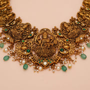 Antique Silver Lakshmi Devi Necklace with Mint Green Stone & Pearl Beads