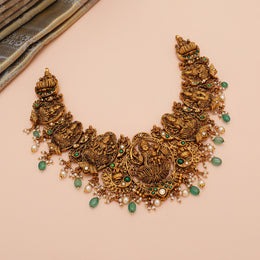 Antique Silver Lakshmi Devi Necklace with Mint Green Stone & Pearl Beads