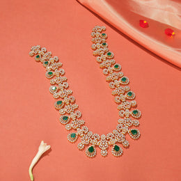 Long Floral Silver Necklace with CZs and Green Stones