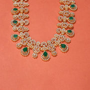 Long Floral Silver Necklace with CZs and Green Stones