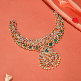 Heavy Floral Silver Necklace with CZs and Pearl Hangings