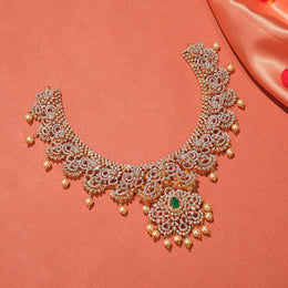 Floral and Leaf Design Silver Necklace with CZs and Pearls