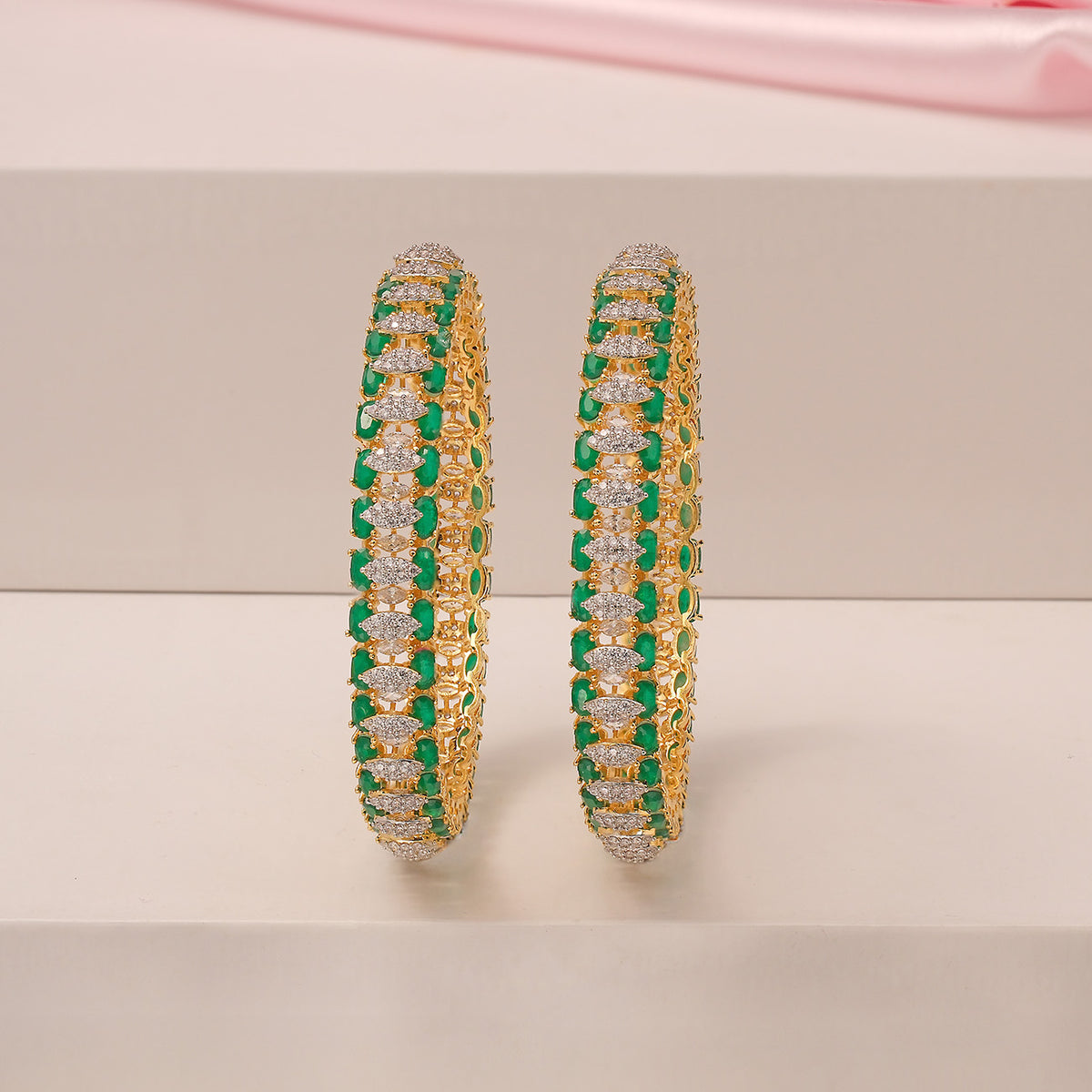CZ and Green Stone Combination Silver Bangles with Elegant Design – Padmam
