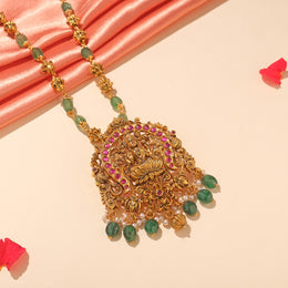 Silver Lakshmi Devi Haaram with Lotus Highlights and Stone Beads