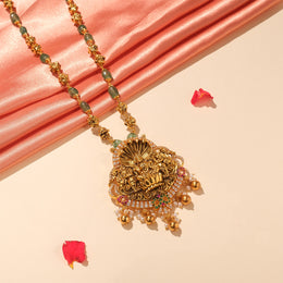 Antique Silver Lakshmi Devi Haaram with Lotus Highlights