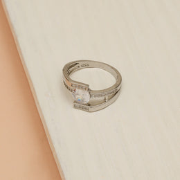 Trendy Silver CZ Ring with Single CZ Stone