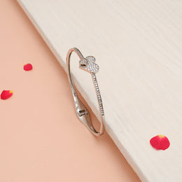 Modern Silver CZ Kada with a Dual Heart Design