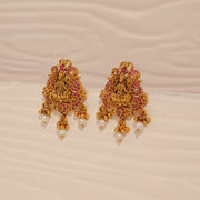 Graceful Lakshmi Devi Silver Earrings with Stone & Pearl Highlights